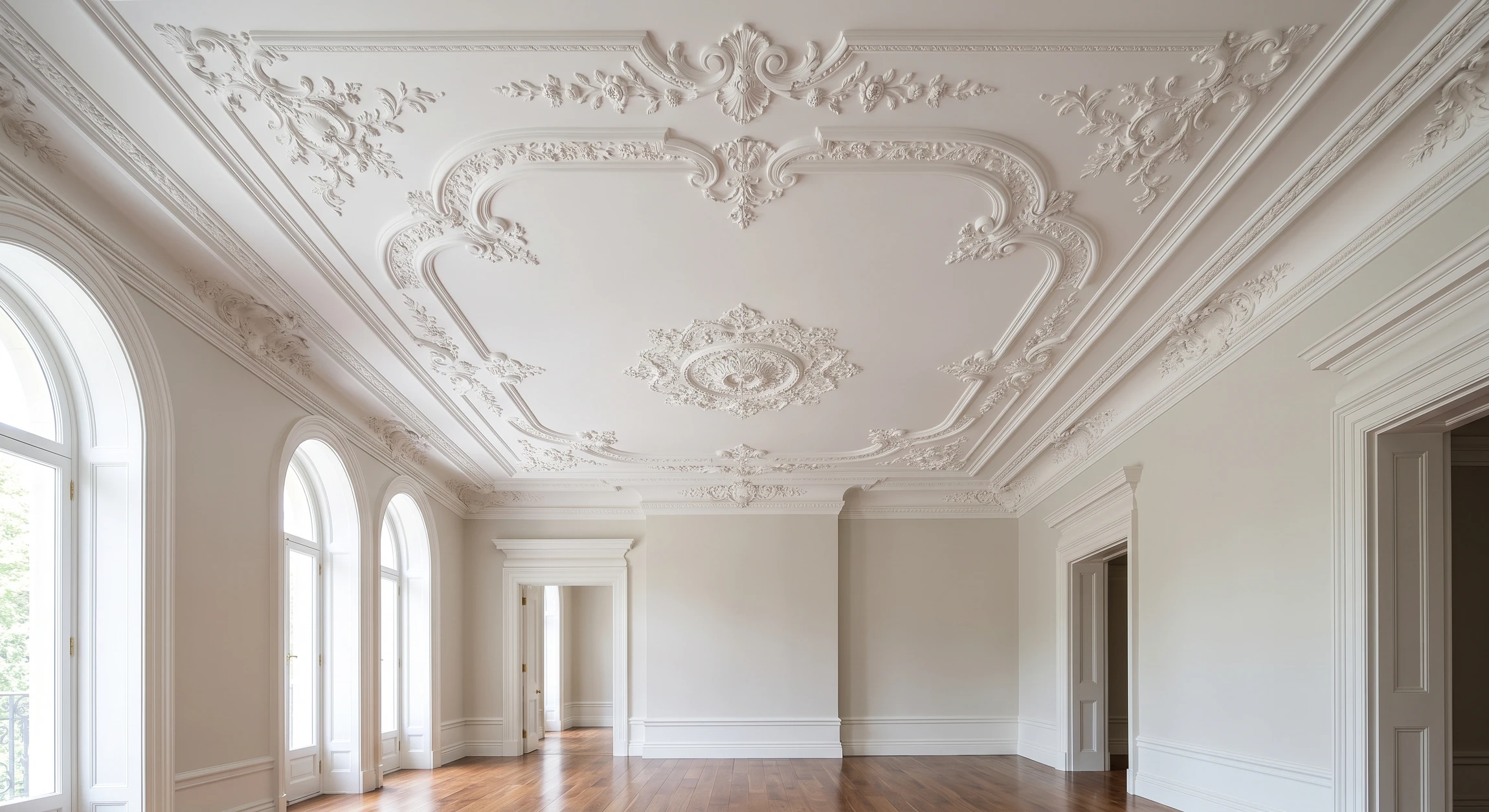 Photographie professionnelle d'un plafond intérieur luxueux aux finitions décoratives achevées en plâtre blanc, présentant des moulures ornementales en relief avec motifs floraux et volutes de style classique ou néoclassique, bien éclairé mettant en valeur la texture et les détails sculptés du plâtre, dans un intérieur résidentiel ou commercial de prestige montrant le savoir-faire en finitions décoratives.