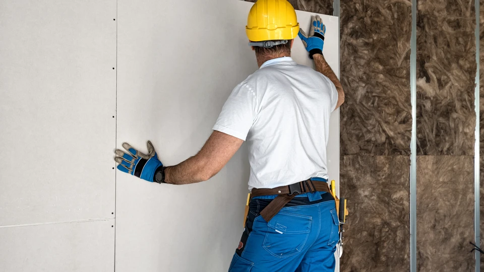 Deux artisans plâtriers en tenue de travail professionnelle (vêtements de chantier, masques de protection) travaillant ensemble sur un chantier de plâtrerie intérieure. L'un applique l'enduit de plâtre sur un mur avec une taloche tandis que l'autre supervise et prépare le jointoiement. Arrière-plan montrant une pièce en cours de rénovation avec cloisons de placo-plâtre, plafond en travaux, et outils de plâtrier visibles. Ambiance professionnelle, concentrée, démontrant la complémentarité des deux responsables dans l'exécution et le suivi des travaux.
