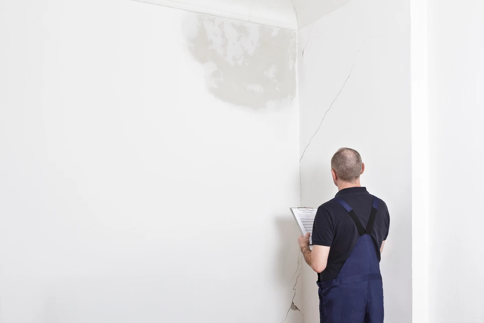 Chantier de rénovation intérieure en cours, pièce à vivre avec enduit de plâtre frais sur murs