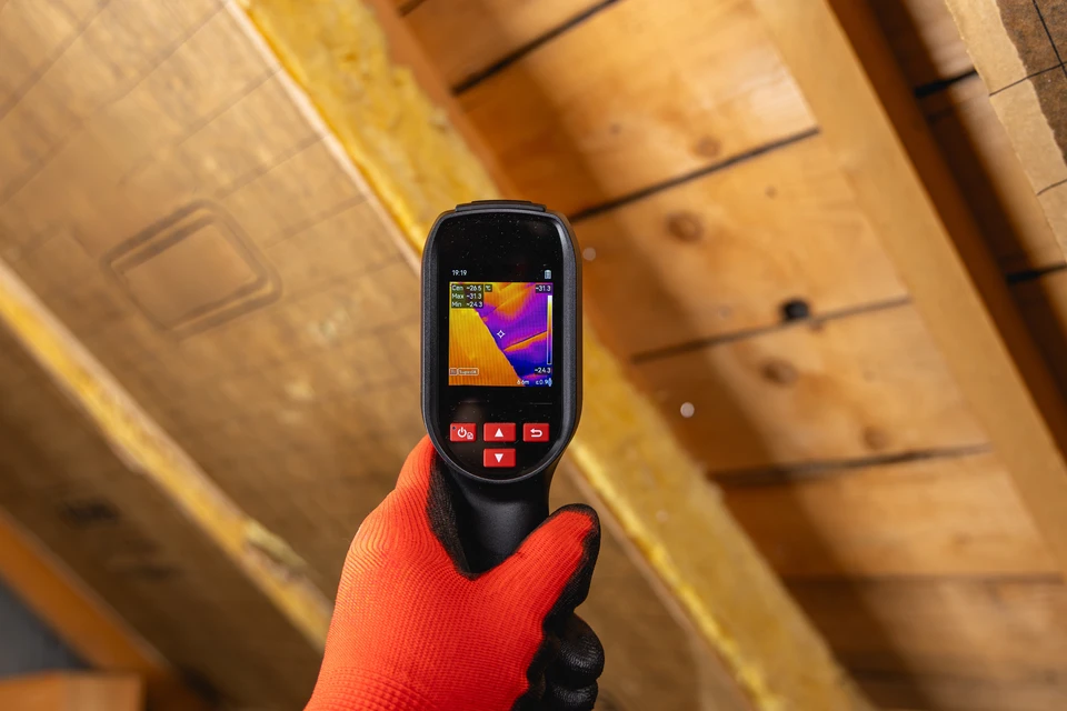 Professionnel en combinaison de protection blanche et gants bleus effectue des mesures avec un mètre ruban sur plancher en bois