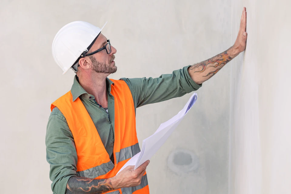 Artisan plâtrier en tenue de travail applique un enduit sur mur intérieur avec taloche